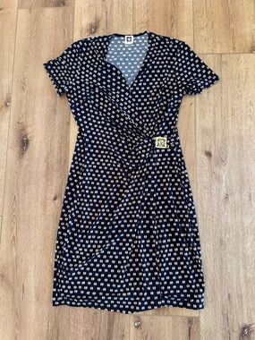 Anne Klein | Navy Wrap-Style Midi Dress with Gold Dot Print | size 10